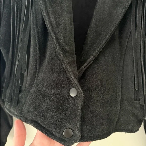 Vintage 1980s Womens Black Suede Leather Jacket Size S Fringe Biker Western Goth - Picture 9 of 10